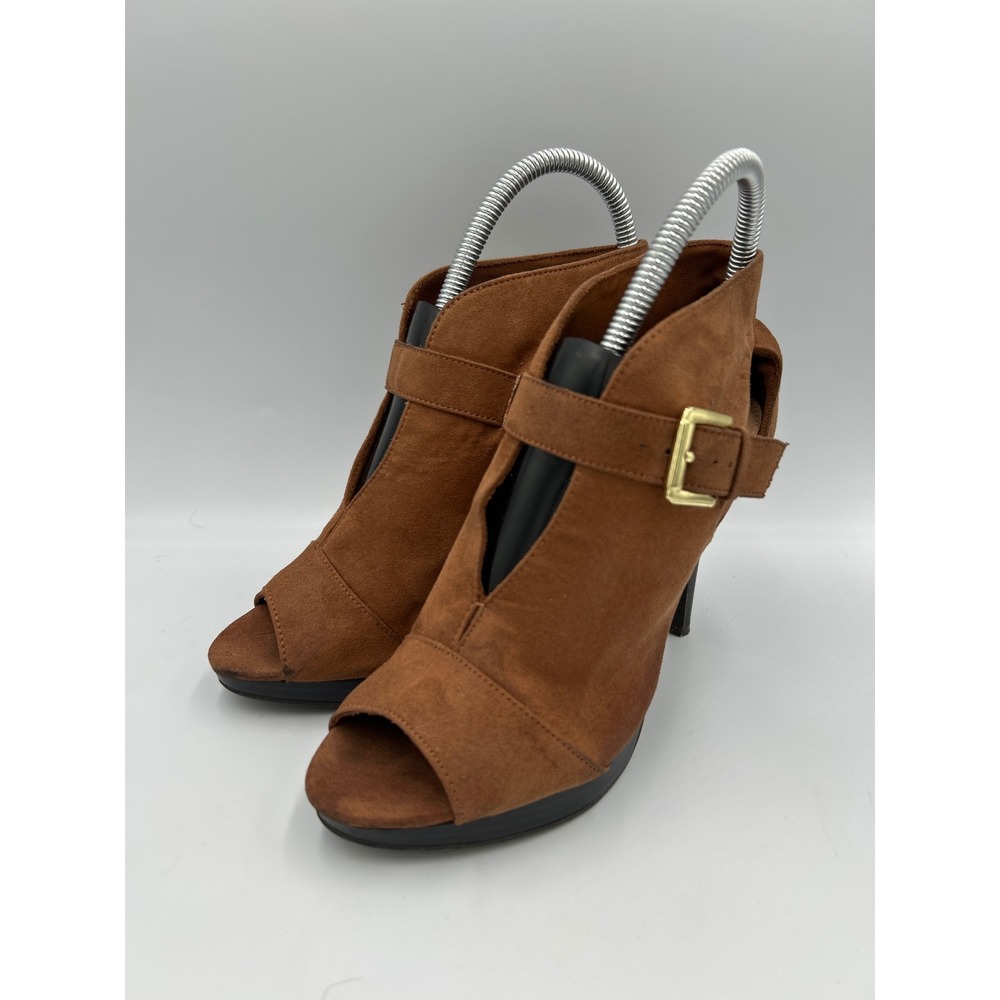 Brash Womens Cognac Brown‎ Faux Suede Peep Toe Buckle Stiletto Ankle Booties 6.5